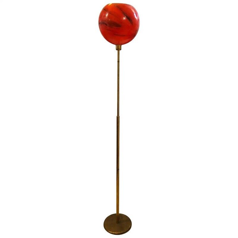 1950s Mid-Century Modern Brass and Red Glass Italian Floor Lamp