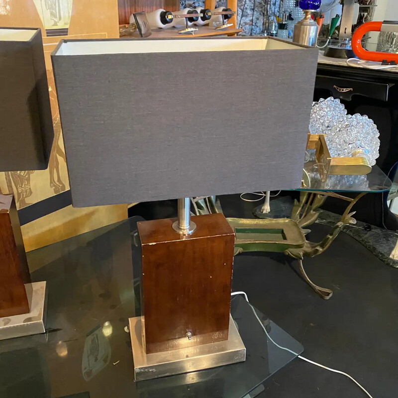 Set of Two 1980s Modernist Wood and Metal Italian Table Lamps