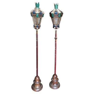 1850s Pair of wood and painted iron religious parade lampposts