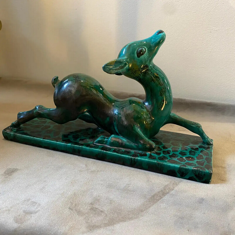 1930s Egisto Fantechi Art Deco Green Ceramic Italian Sculpture of a Fawn