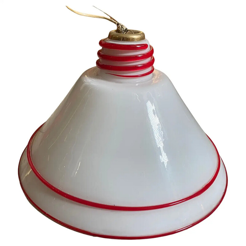 1980s Renato Toso Modernist White and Red Murano Glass and Brass Pendant
