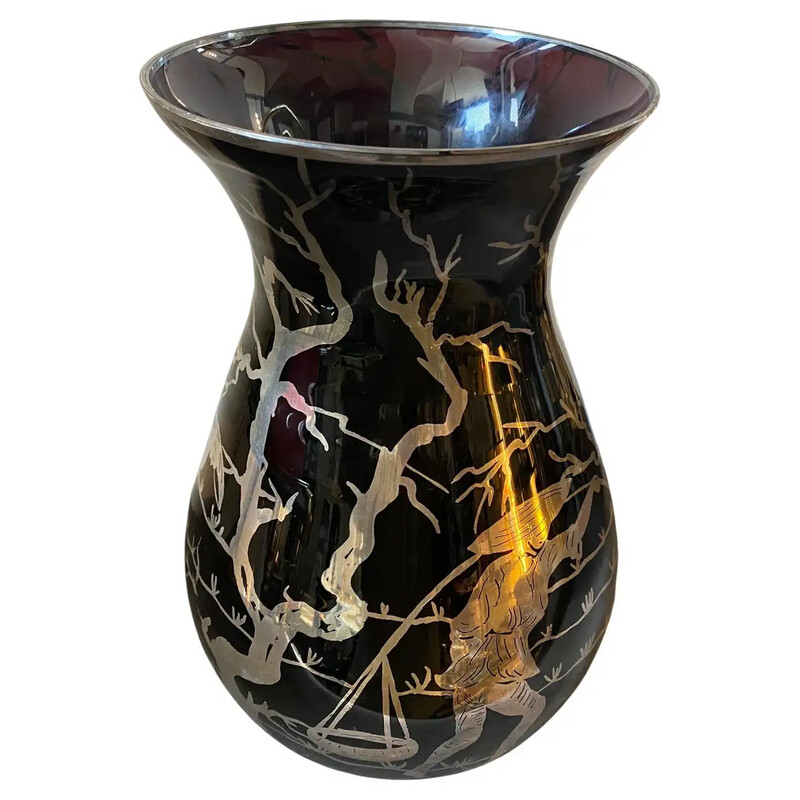 1930s Purple Glass and Sterling Silver Orientalist Italian Vase