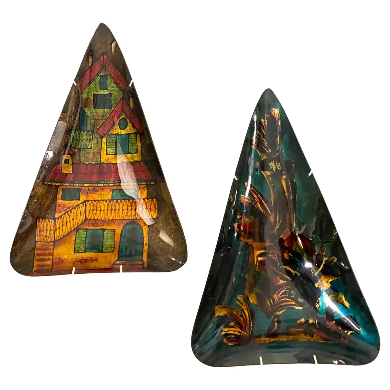 1950s, Set of Two Mid-Century Modern Paintings on Mural Triangular Glass Plates
