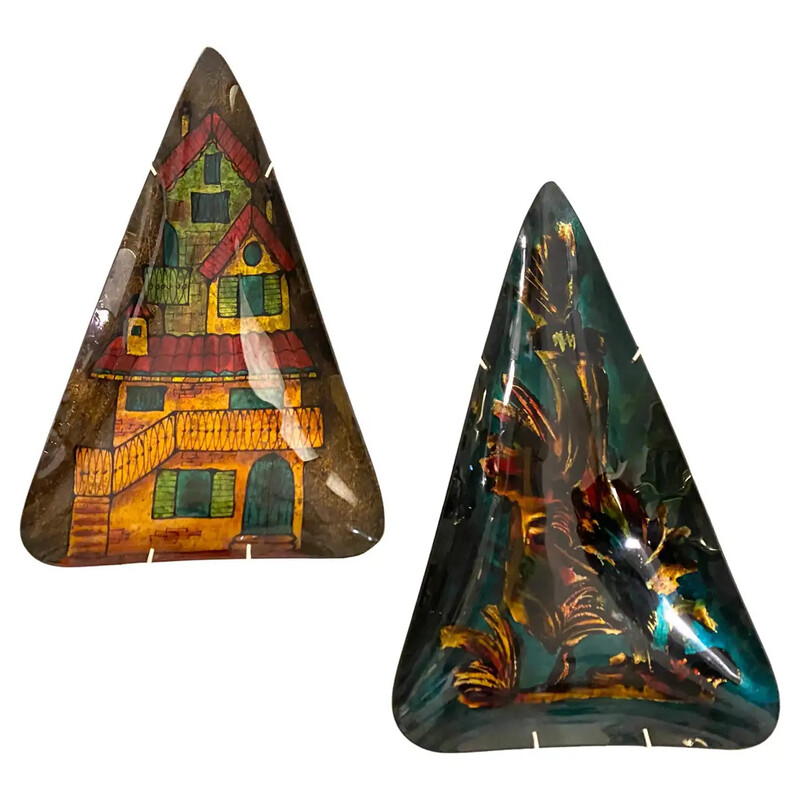 1950s, Set of Two Mid-Century Modern Paintings on Mural Triangular Glass Plates