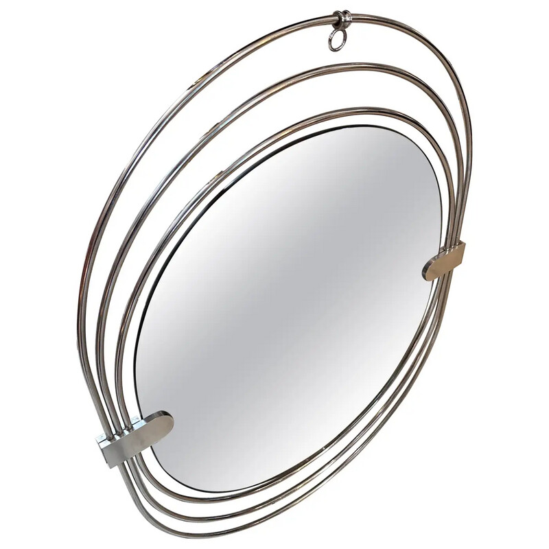 1970s Space Age Steel and Smoked Glass Oval Italian Wall Mirror