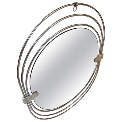 1970s Space Age Steel and Smoked Glass Oval Italian Wall Mirror