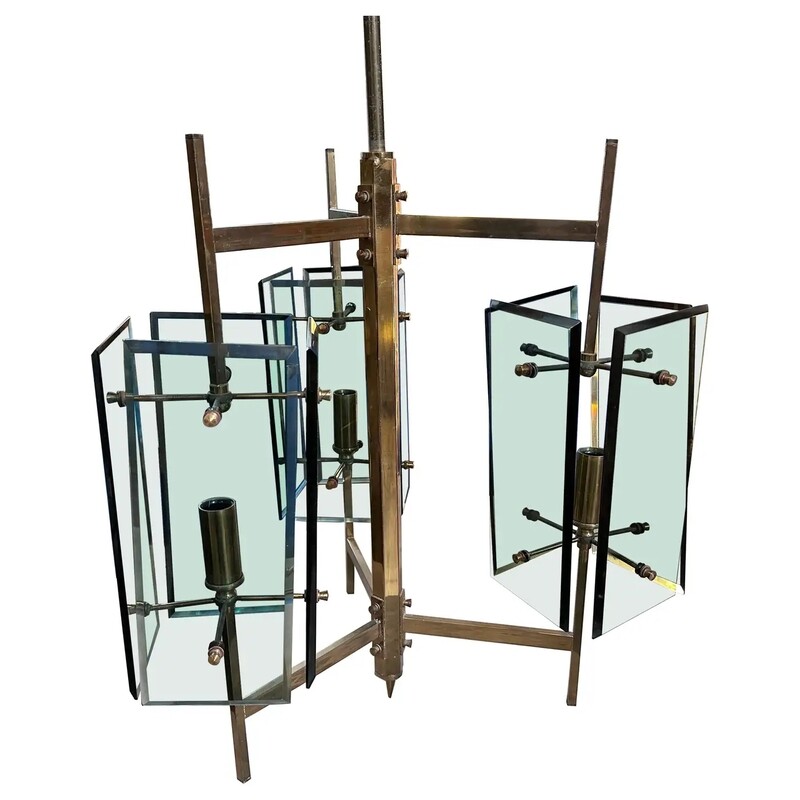 1970s Cristal Arte Mid-Century Modern Brass and Green Glass Italian Chandelier