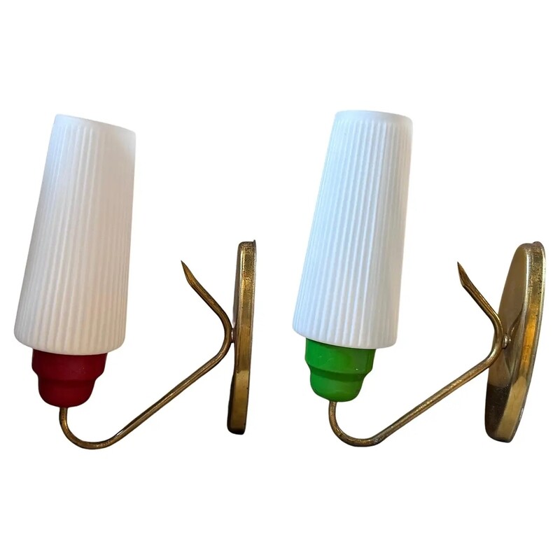 1950s Set of Two Stilnovo Style Mid-Century Modern Brass Italian Wall Sconces