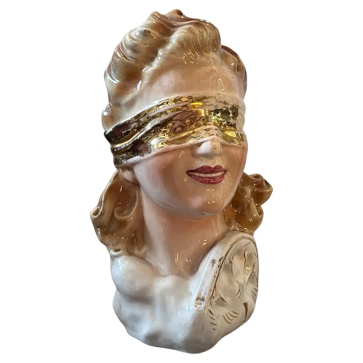 1950s Mid-century Modern Policrome Ceramic Bust of the Blindfolded Goddess