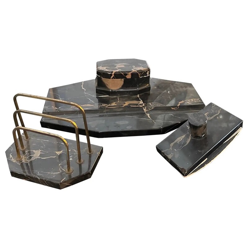 1930s Art Deco Portoro Marble and Brass Italian Desk Set