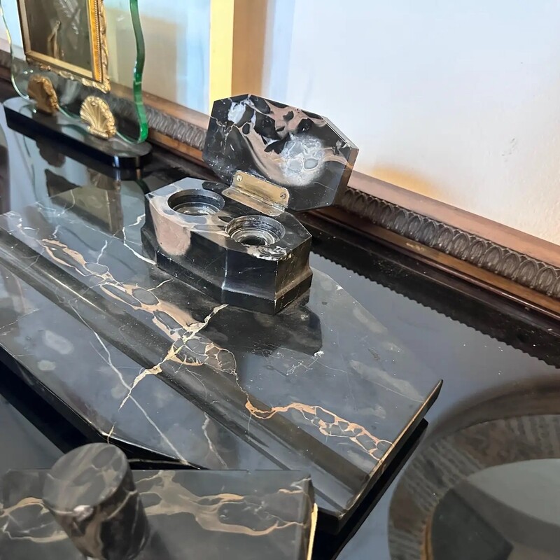 1930s Art Deco Portoro Marble and Brass Italian Desk Set