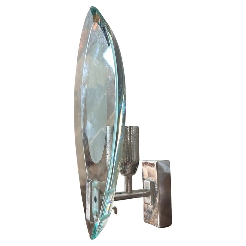 1960s Fontana Arte Style Heavy Glass and Steel Space Age Italian Wall Sconce
