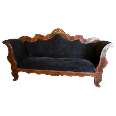 c. 1840 Charles X Inlaid Wood and Black Velvet Sicilian Sofa