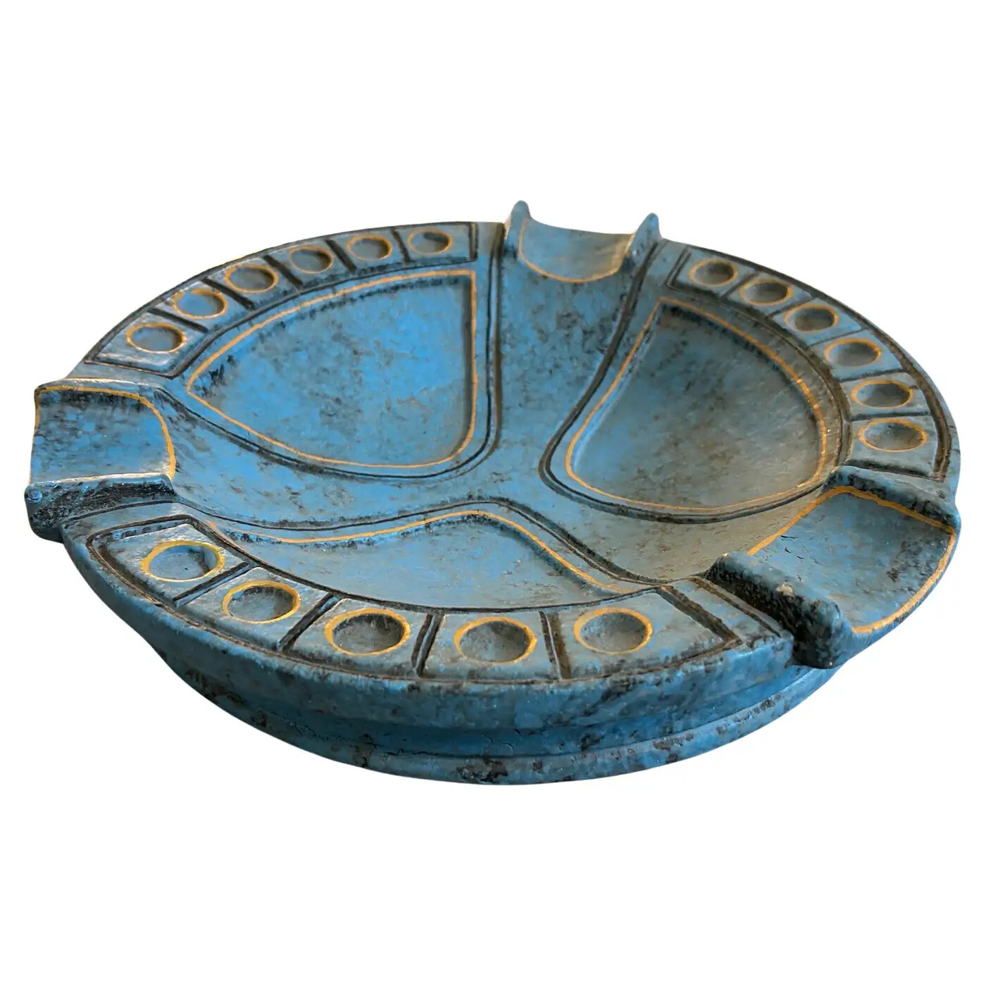 1969 Etruscan Inspired Blue and Yellow Ceramic Italian Ashtray by Casucci 1969 Etruscan Inspired Blue and Yellow Ceramic Italian Ashtray by Casucci