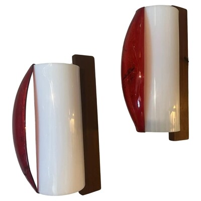 Two 1960s Mid-Century Modern Wood and Plexiglass Italian Wall Sconces by Stilux