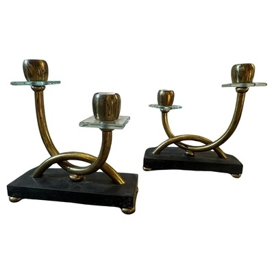Two 1930s Giò Ponti style Art Deco Brass, Marble and Glass Italian Table Lamps