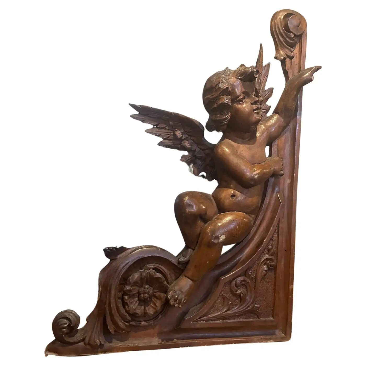 1890s Art Nouveau Hand-Carved Walnut Wood Sicilian Fragment of an Angel