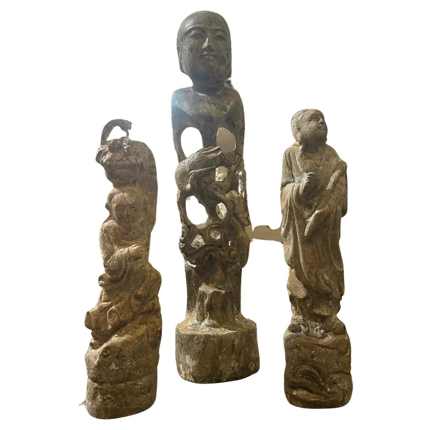Three Mid-20th Century Stone's Patinated Wood Statues of Chinese Figures