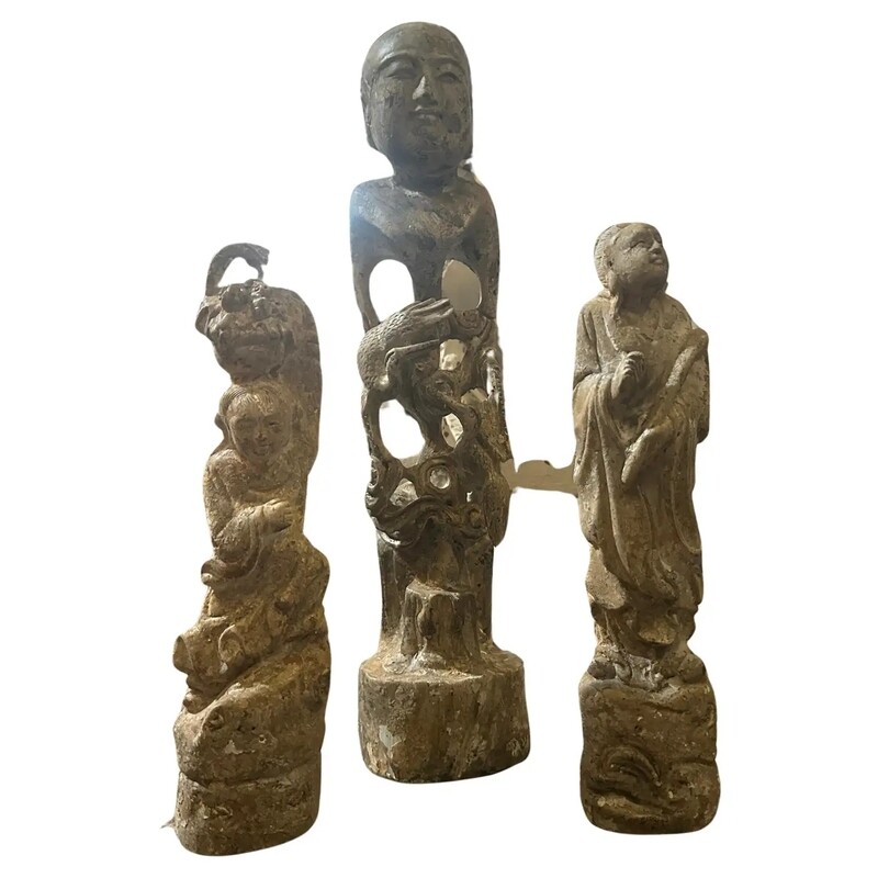 Three Mid-20th Century Stone's Patinated Wood Statues of Chinese Figures