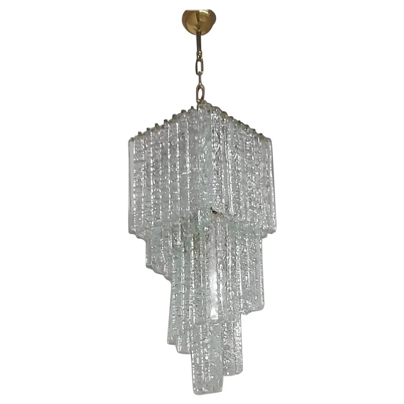 1970s Mid-Century Modern Ice effect Murano Glass Cascading Chandelier by Mazzega