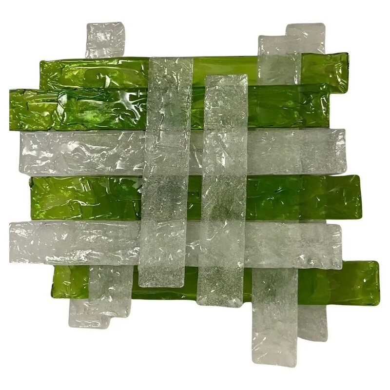 1970s Mazzega Green and White Murano Glass Huge Square Wall Light