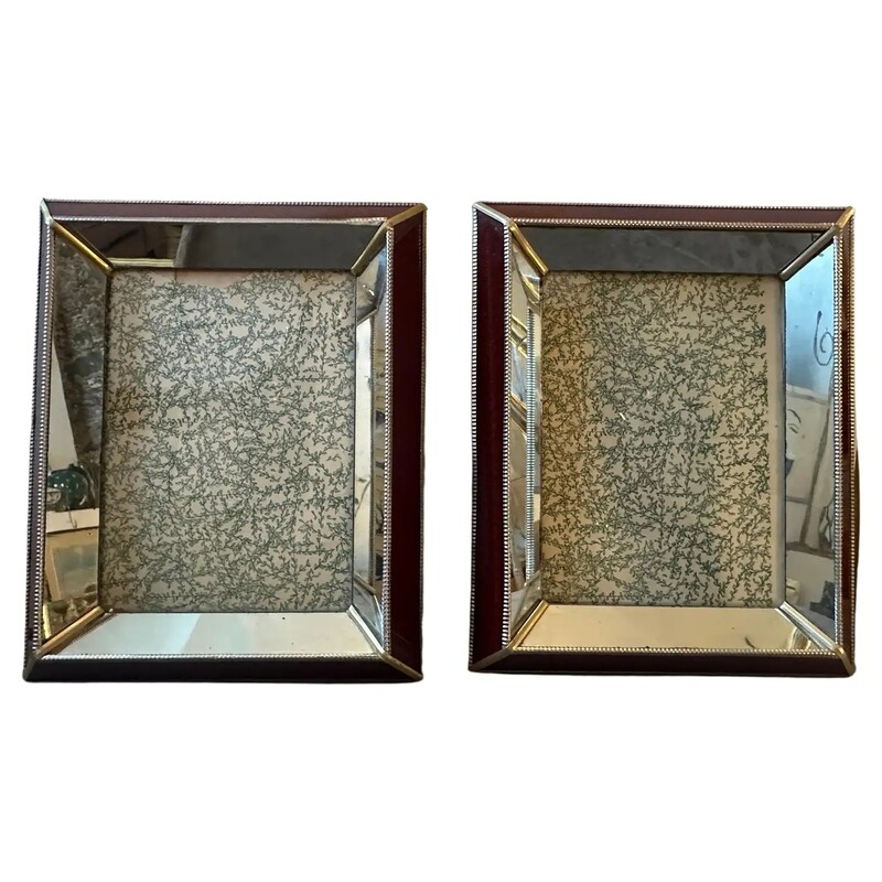 Two 1930s Art Deco Brass, Burgundy and Mirrored Glass Italian Picture Frames