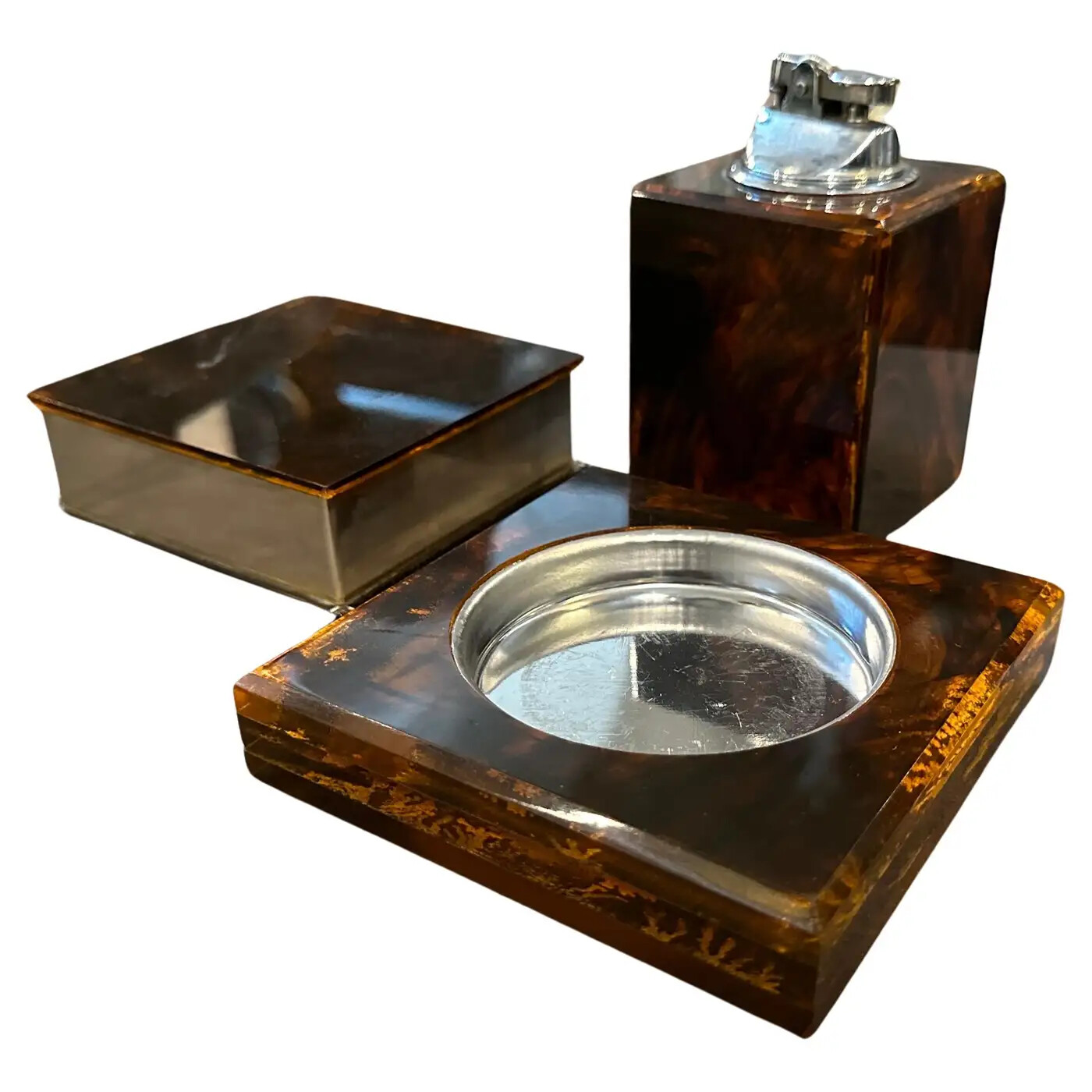 1970s Dior Home Style Mid-Century Modern Fake Tortoise Lucite Smoking Set 1970s Dior Home Style Mid-Century Modern Fake Tortoise Lucite Smoking Set