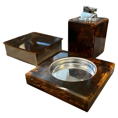 1970s Dior Home Style Mid-Century Modern Fake Tortoise Lucite Smoking Set