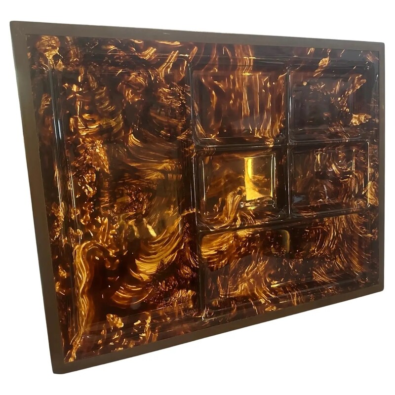 1970s Mid-Century Modern Fake Tortoiseshell Lucite and Brass Appetizer Tray