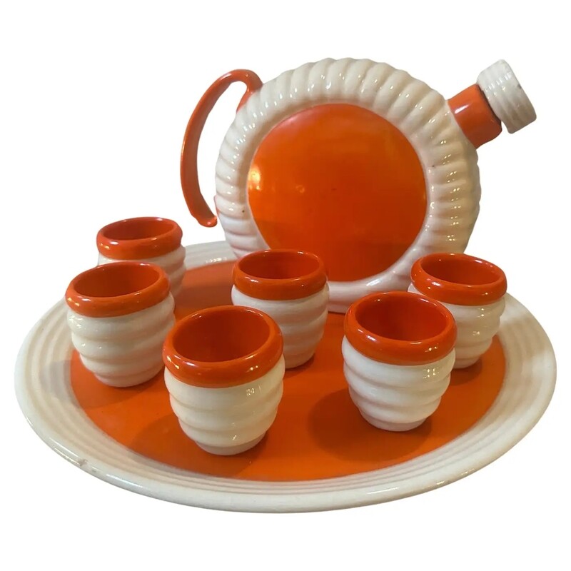 1930s Art Deco Orange and White Ceramic Rosolio Set by Rometti Umbertide