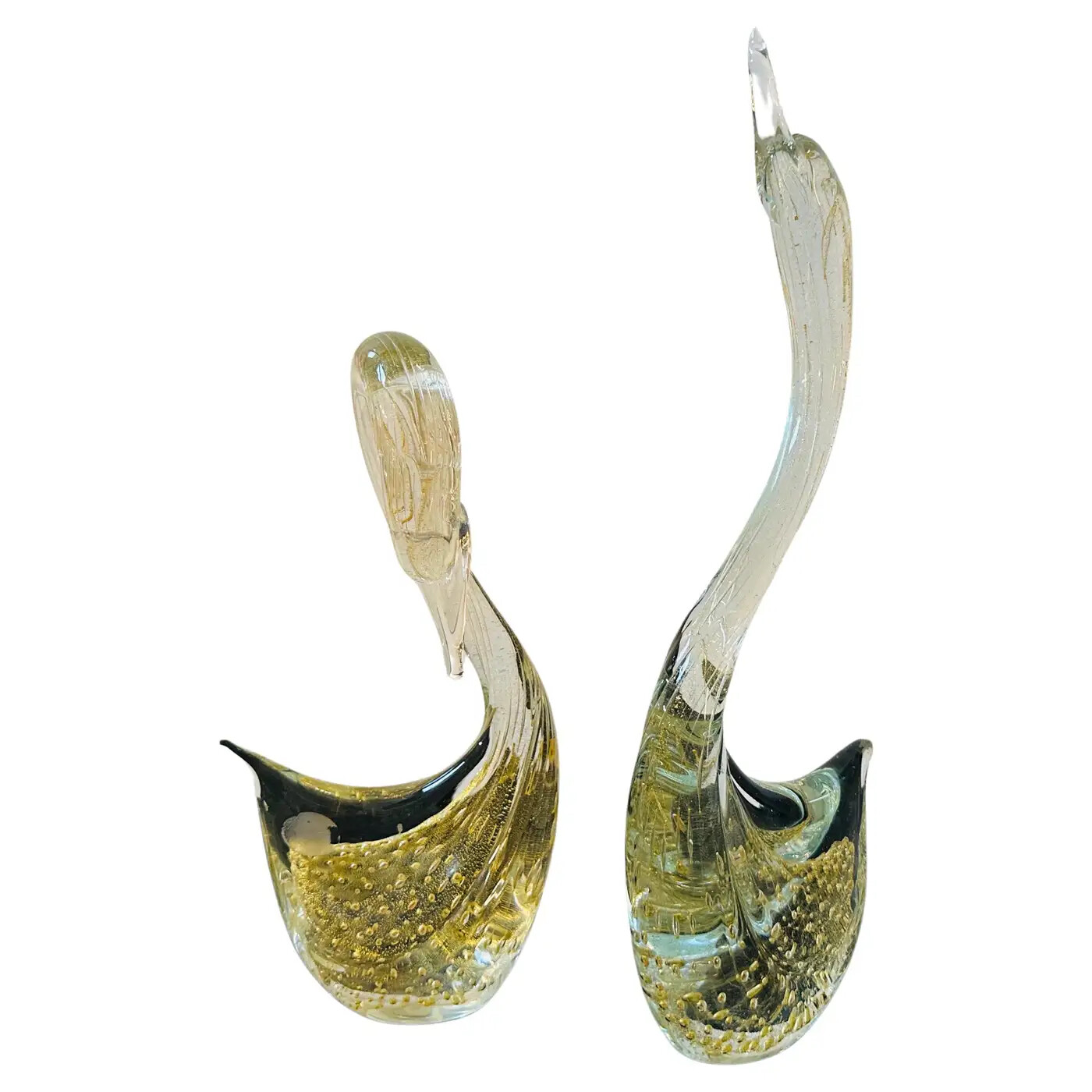 Two 1960s Modernist Clear and Gold Murano Glass Sculptures of Swan