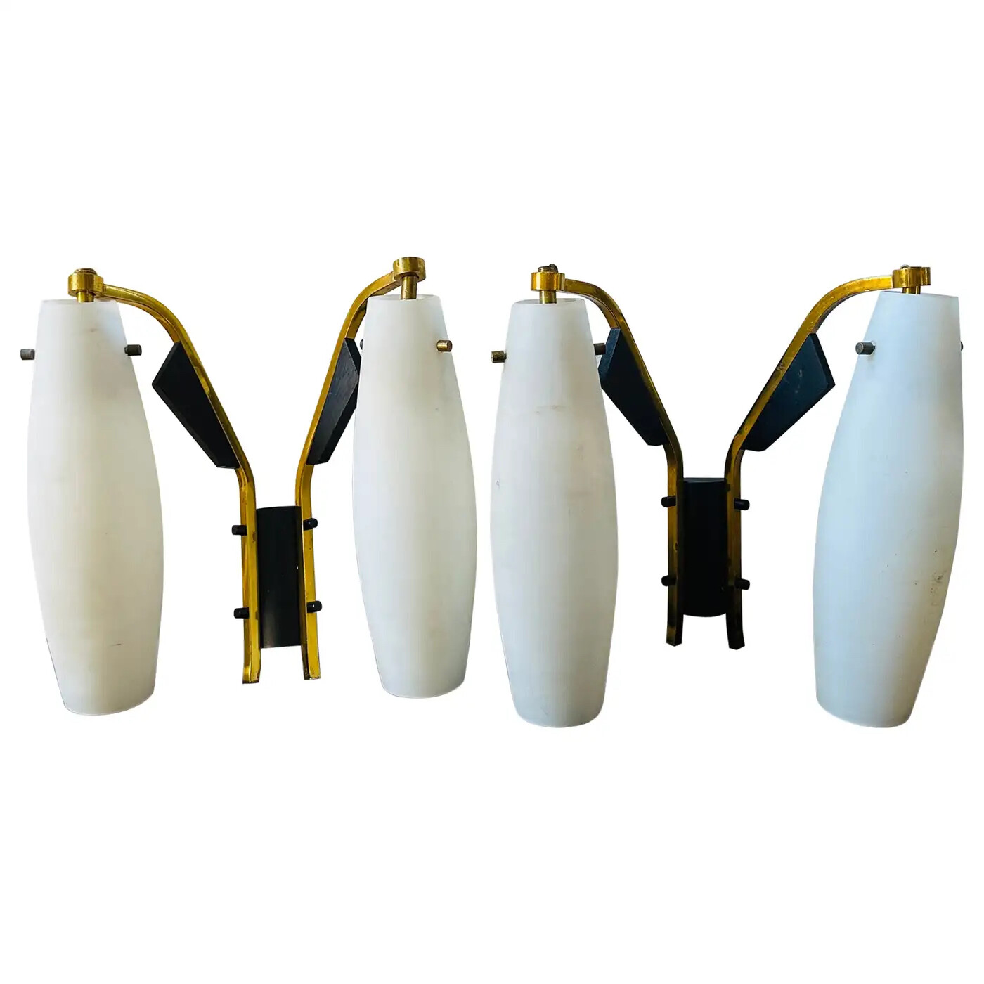 1950s Stilnovo Style Mid-Century Modern Wood Brass and White Glass wall Sconces