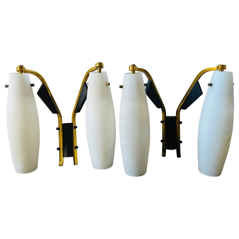 1950s Stilnovo Style Mid-Century Modern Wood Brass and White Glass wall Sconces