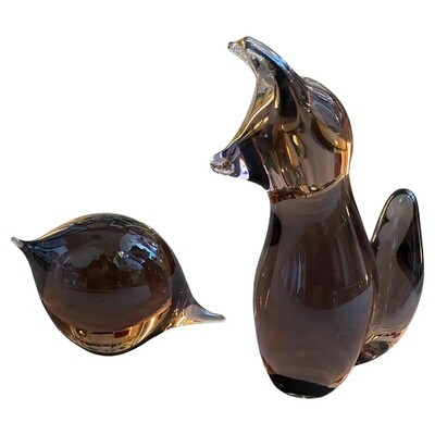 1980s Modernist Purple ZeleznyBrod Glass Figure of a Bird and a Fox by M. Janku
