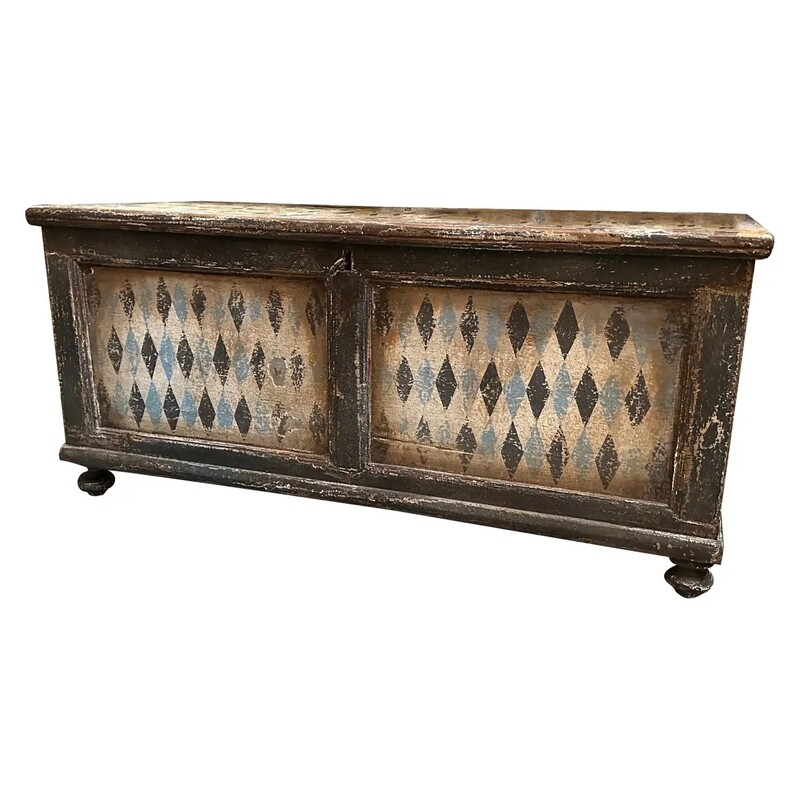 19th Century Blue Black and White Lacquered Wood Florentine Blanket Chest