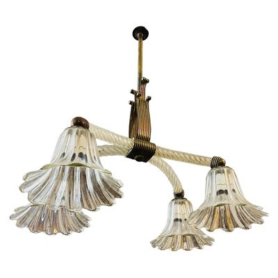1930s Art Deco Clear Murano Glass and Brass Chandelier by Ercole Barovier