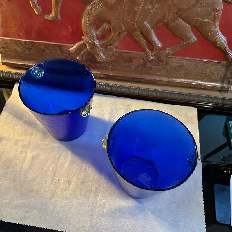 A Pair of 1980s Venini Style Modernist Blue and Yellow Murano Glass Wine Coolers