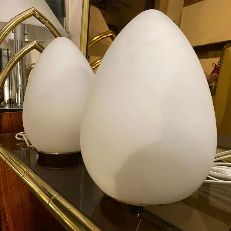 Two 1990s Modernist Opaline White Glass Italian Egg Bed Lamps by Lumen Center