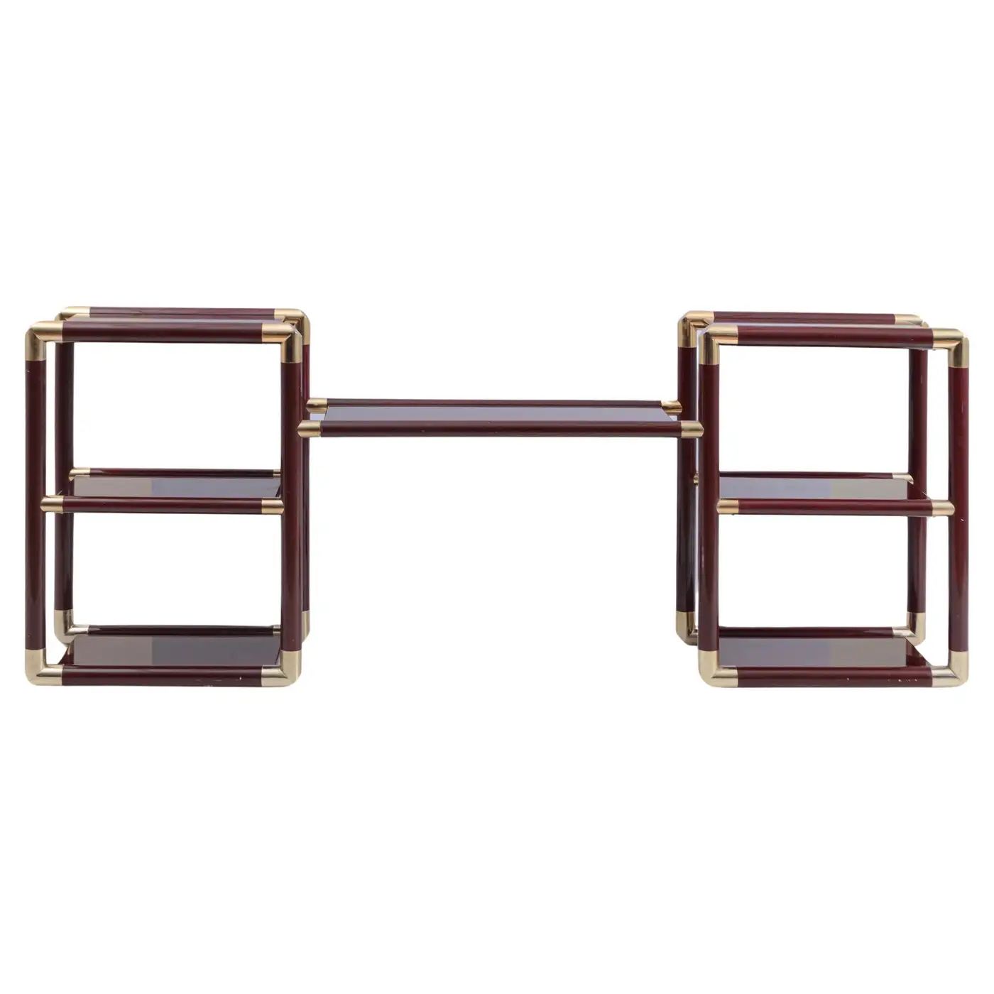 1970s Tommaso Barbi Style Brass and Burgundy Lacquered Wood Huge Italian Console