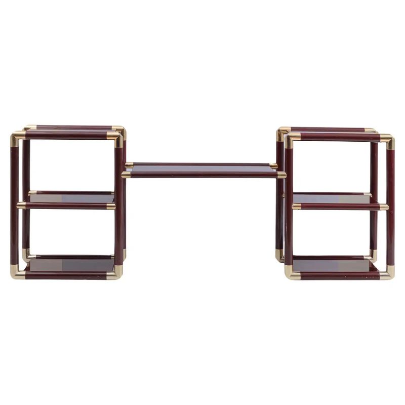 1970s Tommaso Barbi Style Brass and Burgundy Lacquered Wood Huge Italian Console