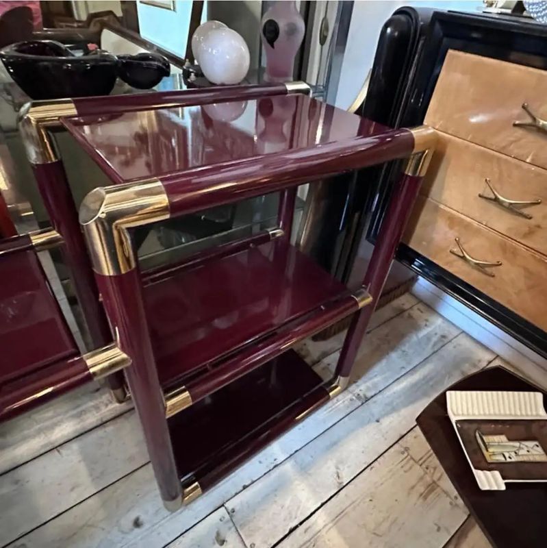 1970s Tommaso Barbi Style Brass and Burgundy Lacquered Wood Huge Italian Console