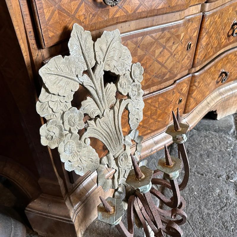 1900 Art Nouveau Iron and Wood Italian Chandelier Wall Sconce