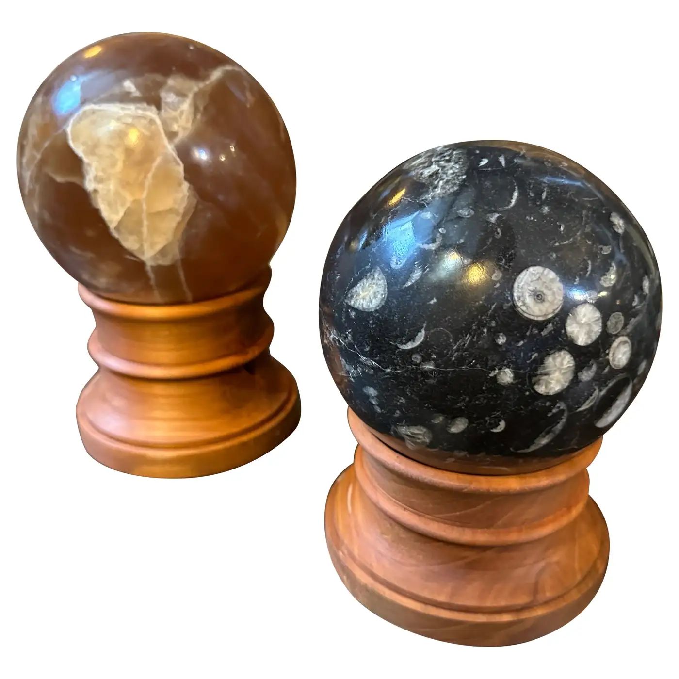 Set of two 1930s Art Deco Italian Marble Spheres on Cherry Wood Stand Set of two 1930s Art Deco Italian Marble Spheres on Cherry Wood Stand