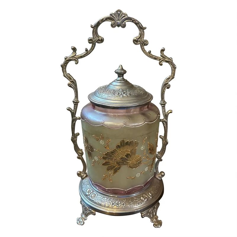 1900s Art Nouveau Metal and Art Glass French Biscuit Box