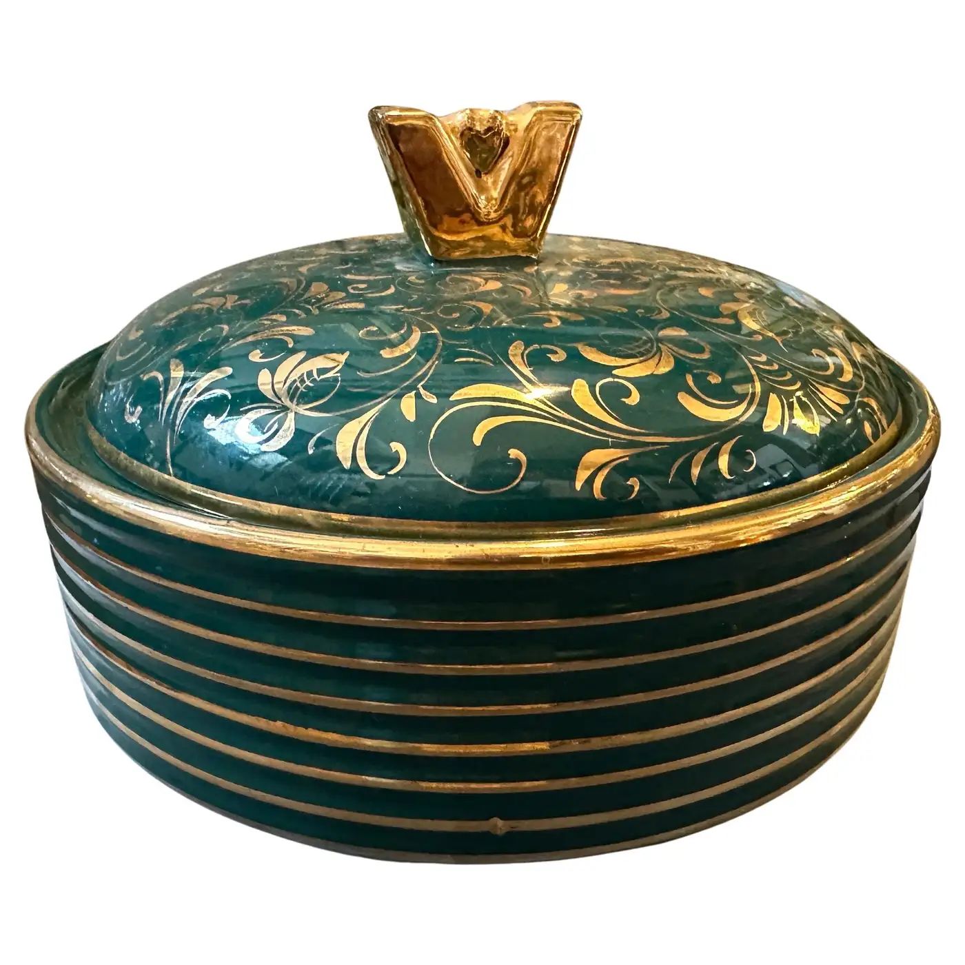 1960s Mid-Century Modern Green and Gold Ceramic Italian Box by La Colonnata