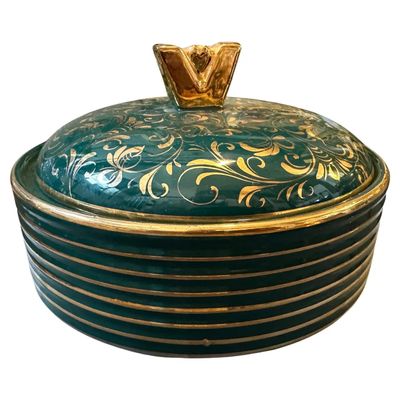 1960s Mid-Century Modern Green and Gold Ceramic Italian Box by La Colonnata