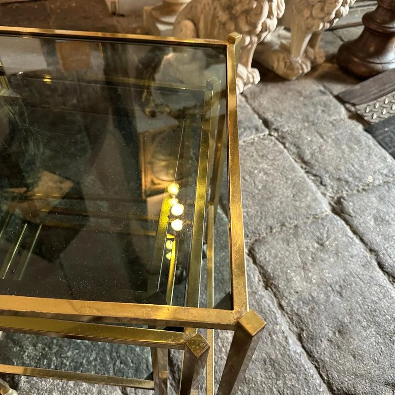 1960s Mid-Century Modern Set of Three Brass and Smoked Glass Nesting Tables