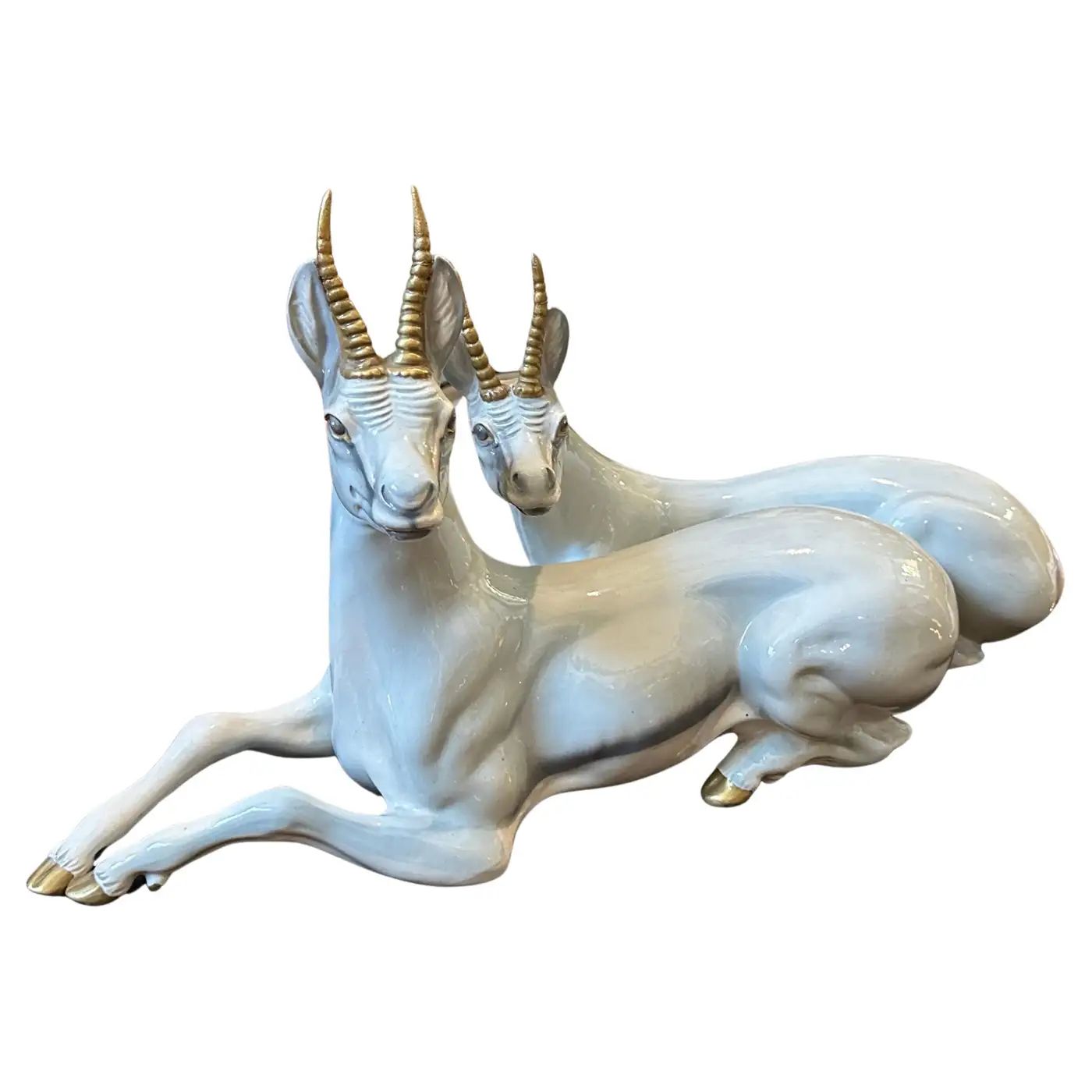 1950s Hand-Painted Ceramic Figure of Two Sitting Antelopes by Ronzan