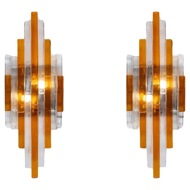 1970s Modern Amber and Clear Stacked Glass Linea Wall Sconces by Poliarte