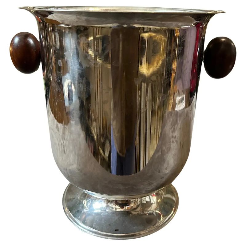 1970s Modern Silver Plated Metal Body and Wood Handles Italian Wine Cooler